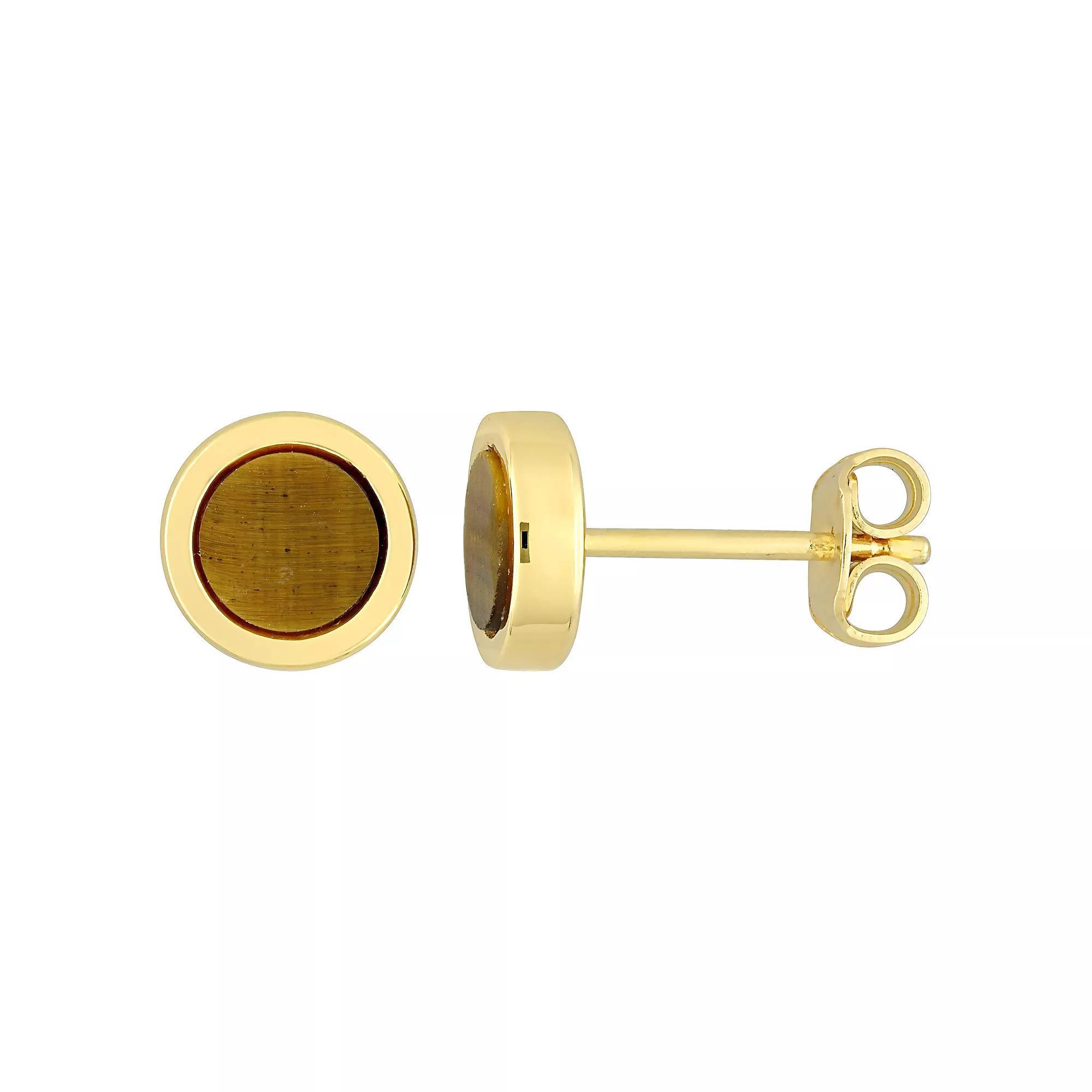 Stella Grace Men's 18k Gold Over Silver Tiger's Eye Circle Stud Earrings, 18k Gold Plated Product Image