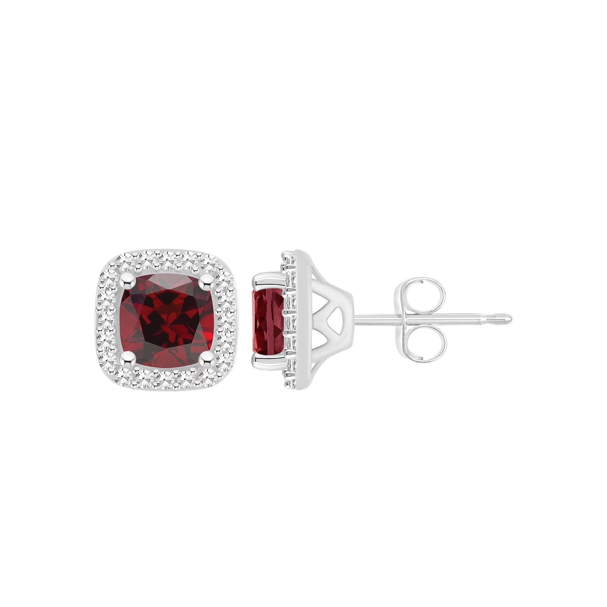 Celebration Gems Sterling Silver 5 mm Cushion Gemstone & 1/5 Carat T.W. Diamond Halo Stud Earrings, Women's, Red Product Image