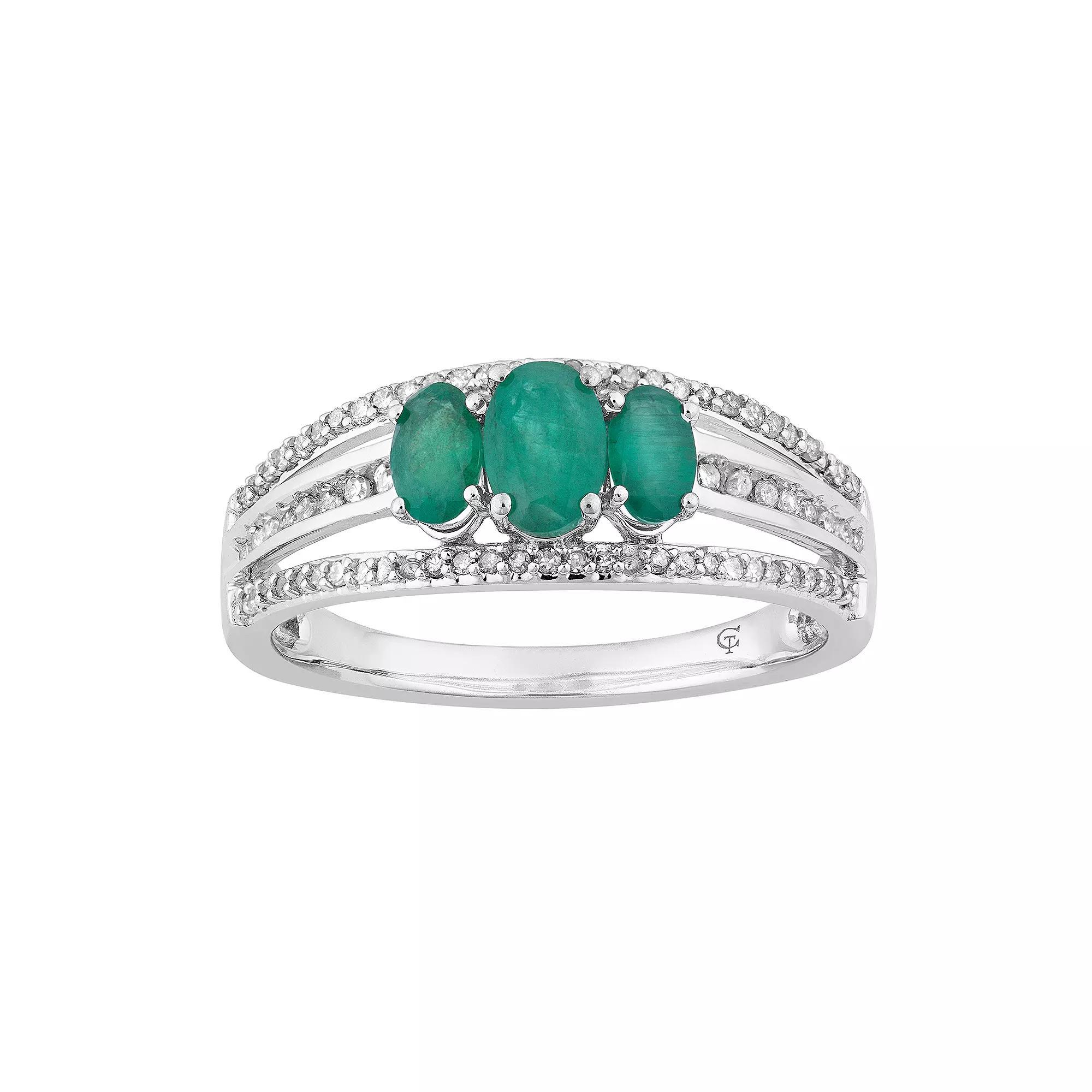 10k White Gold Emerald & 1/4 Carat T.W. Diamond 3-Stone Ring, Women's, Size: 7, 10k Whgold Product Image