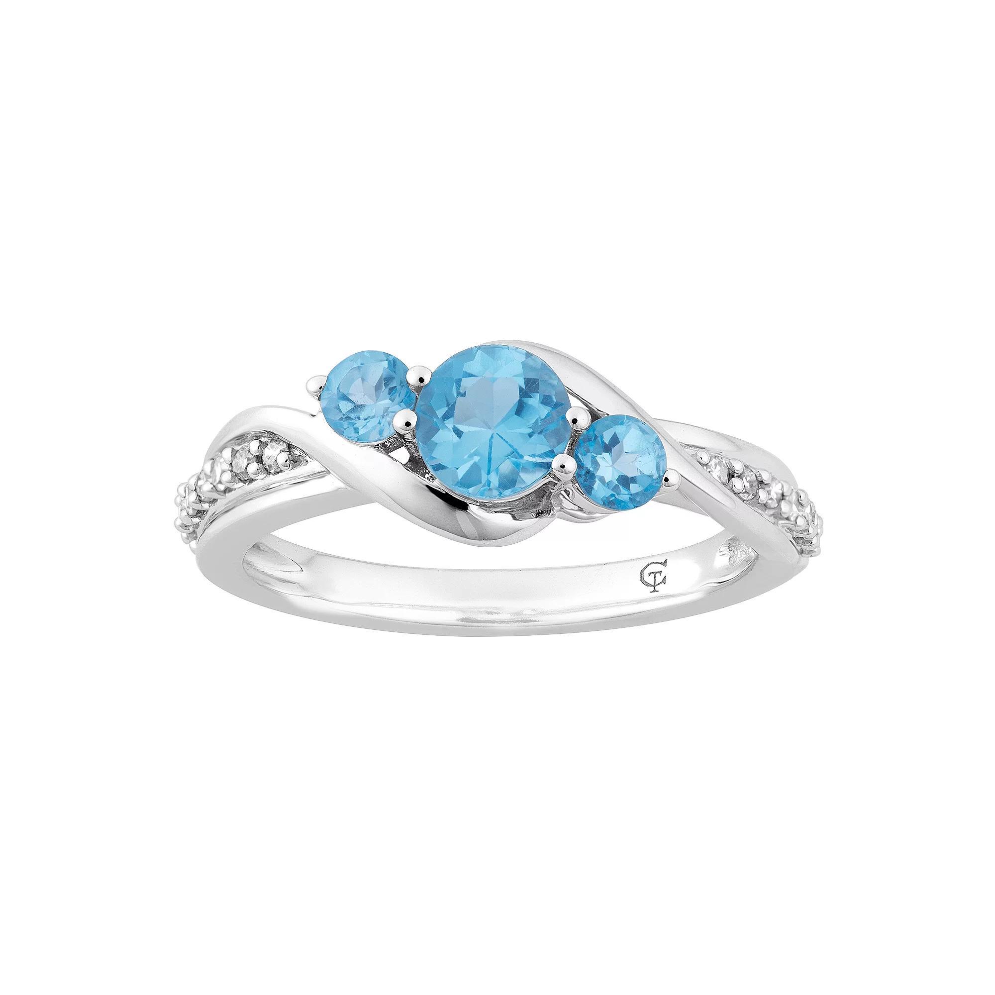10k White Gold Swiss Blue Topaz & 1/10 Carat T.W. Diamond 3-Stone Ring, Women's, Size: 6, 10k Whgold Product Image