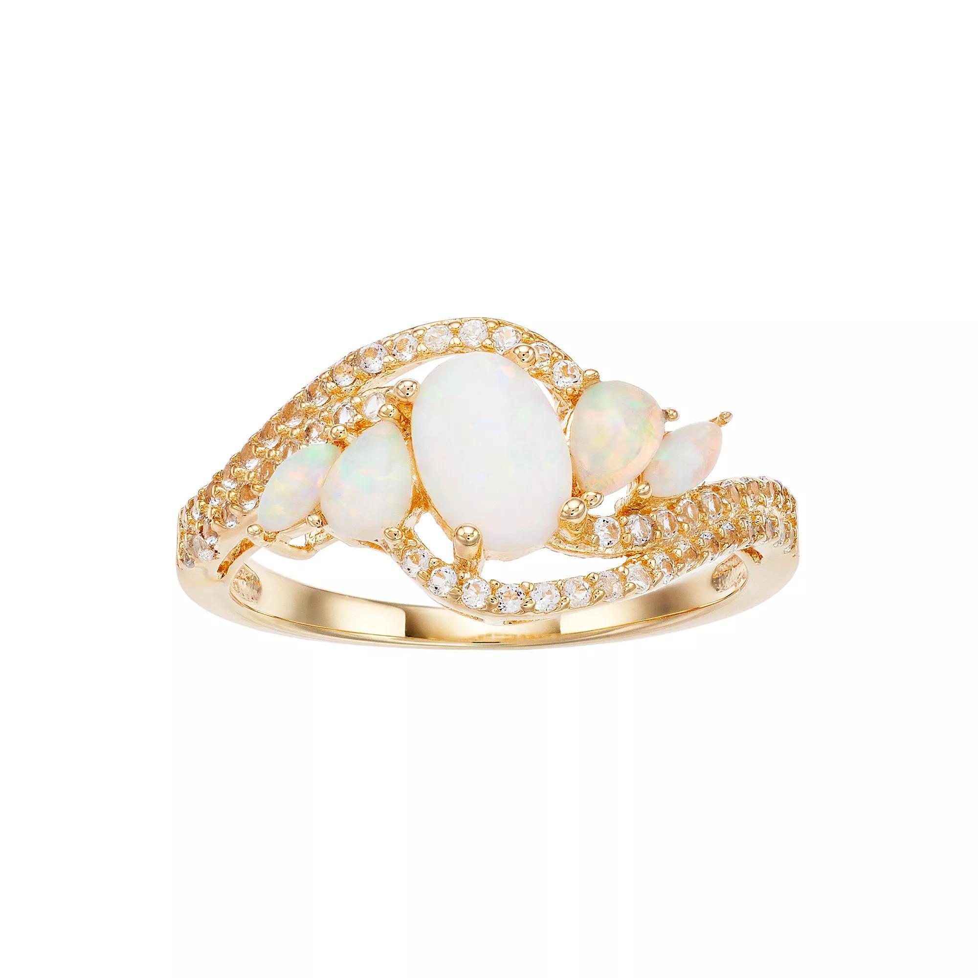 Gemminded Gold Over Silver Lab-Created Opal 3-Stone Bypass Ring, Women's, Size: 8, Gold Tone Product Image
