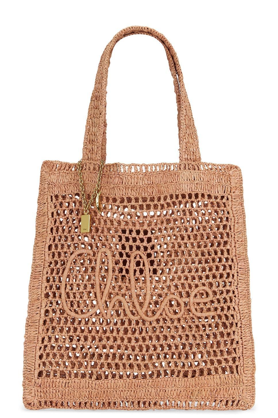 CHLOÉ Summer Banana Embellished Crocheted Embroidered Faux Raffia Tote In Beige Product Image
