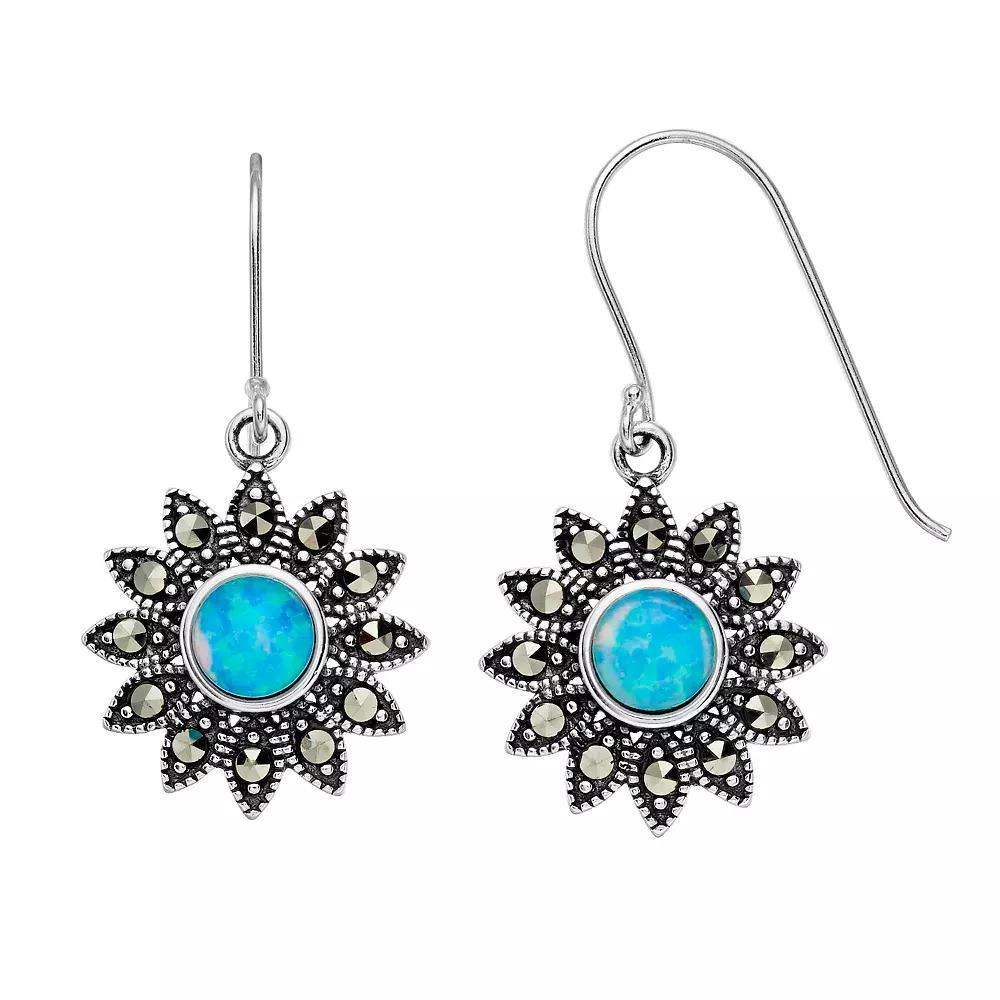 Tori Hill Sterling Silver Marcasaite & Simulated Blue Opal Flower Drop Earrings, Women's Product Image