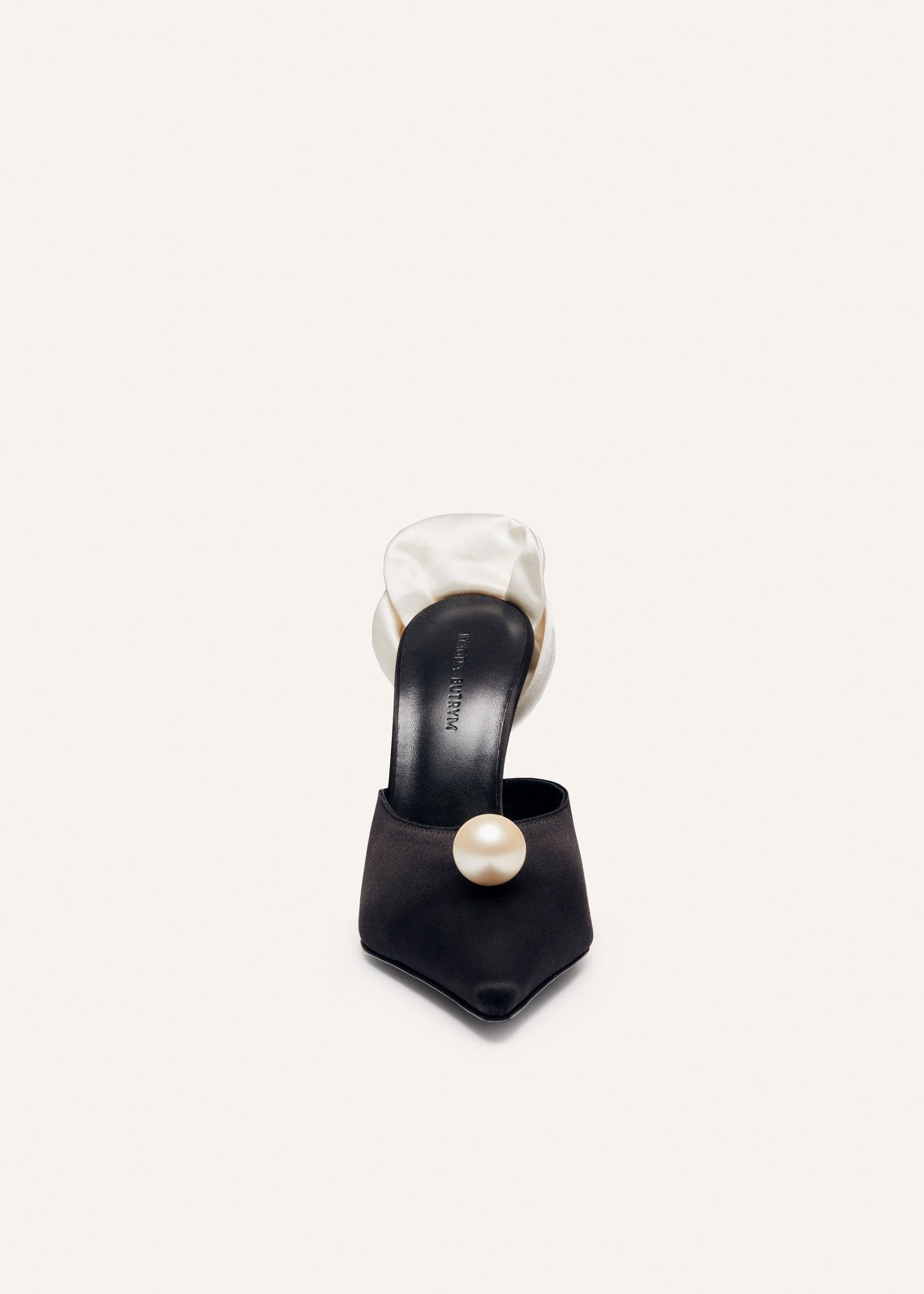 Pointed flower mules in black satin Product Image
