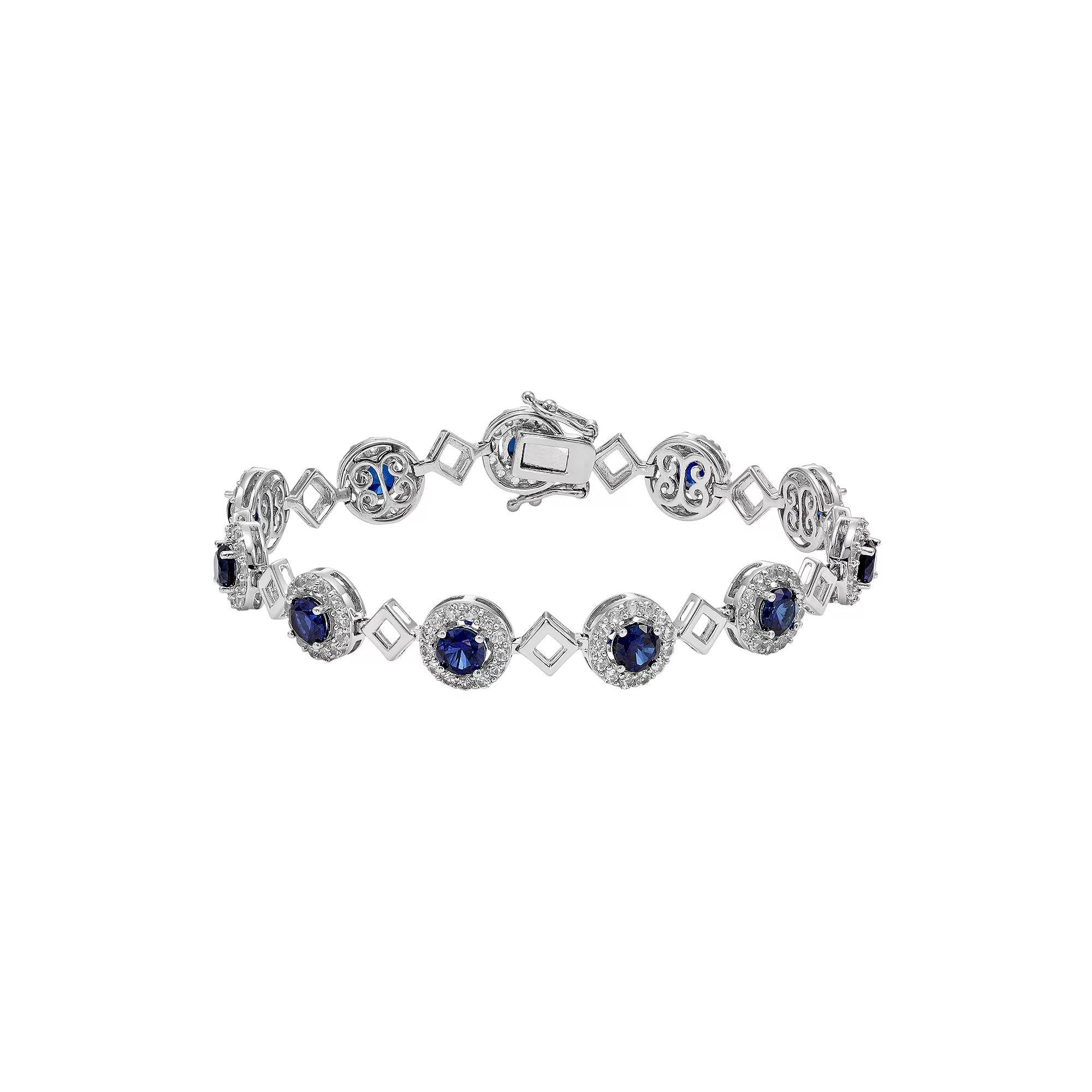 Lab-Created Blue & White Sapphire Sterling Silver Halo Bracelet, Women's, Size: 7.5" Product Image