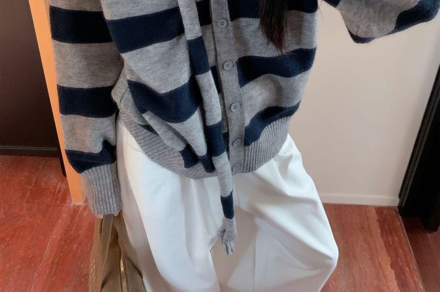 Oversized Striped V-Neck Cardigan with Sash Product Image