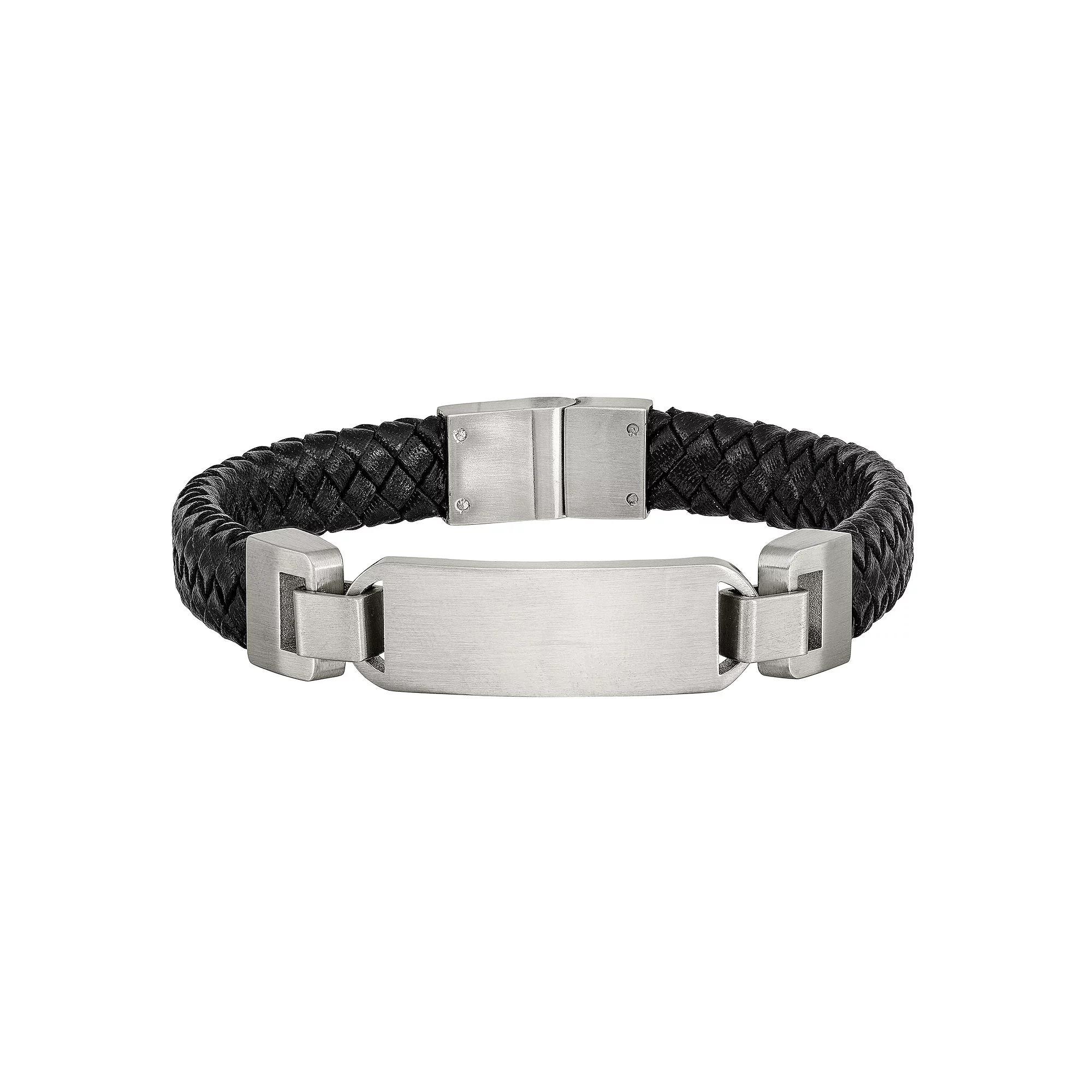 Men's Stainless Steel Black Leather ID Bracelet, Size: 8.5" Product Image