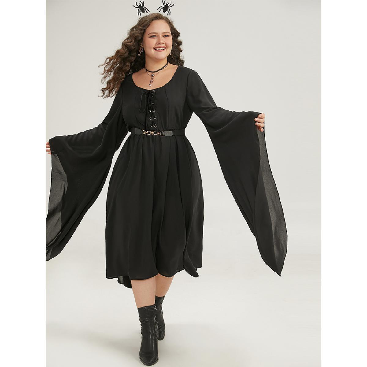 Plus Size Halloween Plain Lace Up Bell Sleeve Dress Black Women Elegant Plain Round Neck Long Sleeve Curvy Midi Dress BloomChic 26/4X Product Image