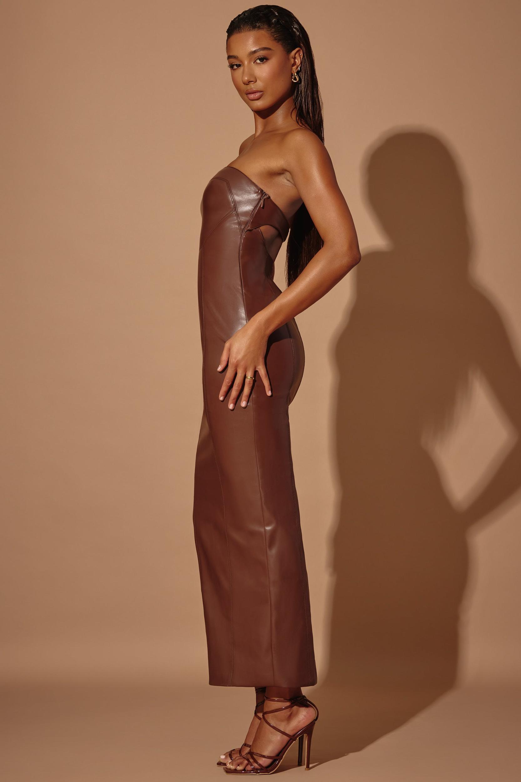 Strapless Vegan Leather Maxi Dress in Brown Product Image