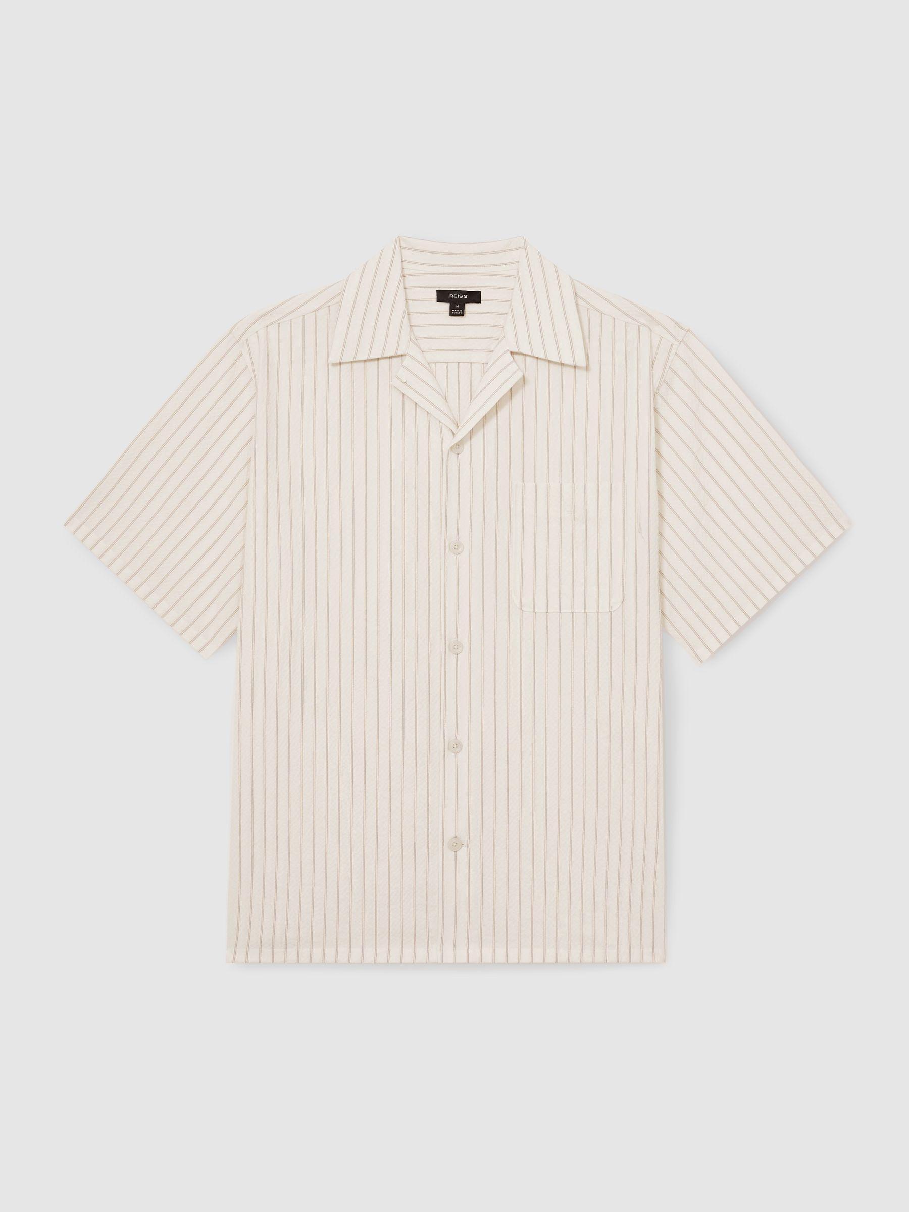 Cotton-Blend Seersucker Stripe Shirt in White/Taupe Brown Product Image