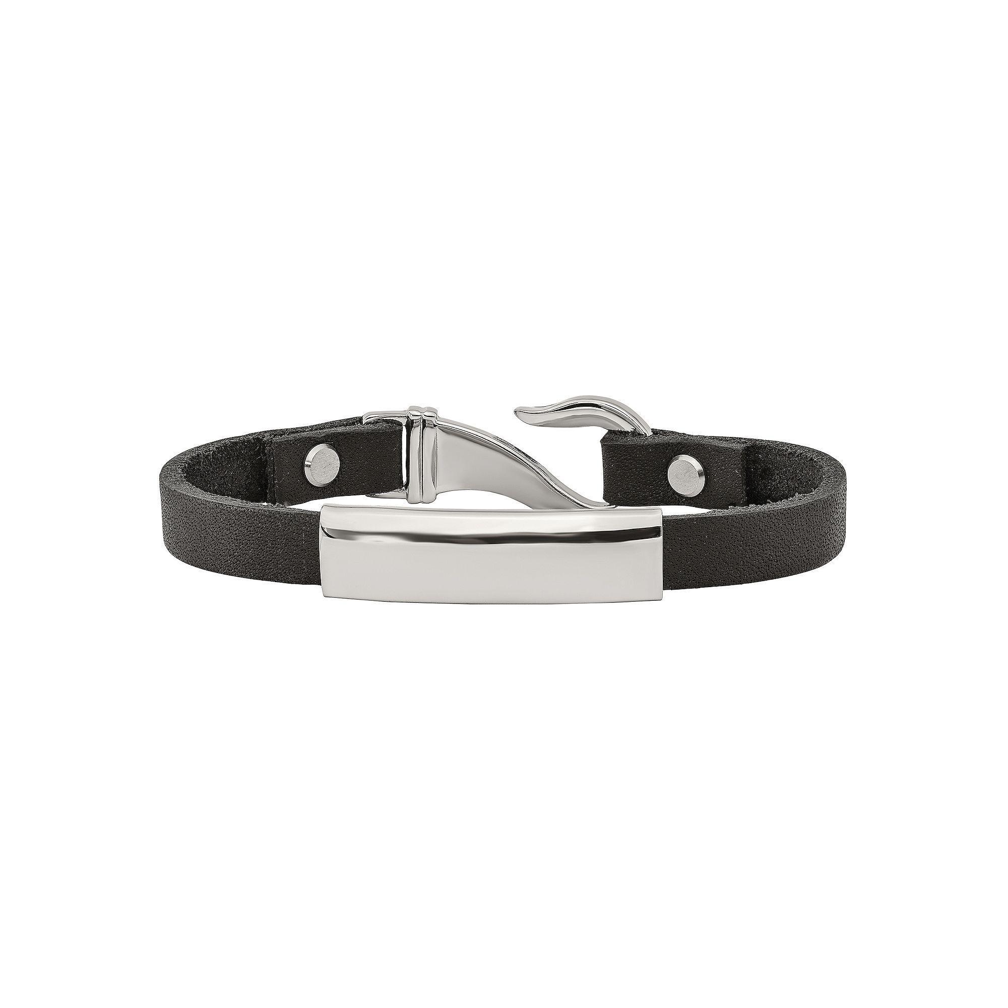 Men's Stainless Steel & Black Leather ID Bracelet Product Image