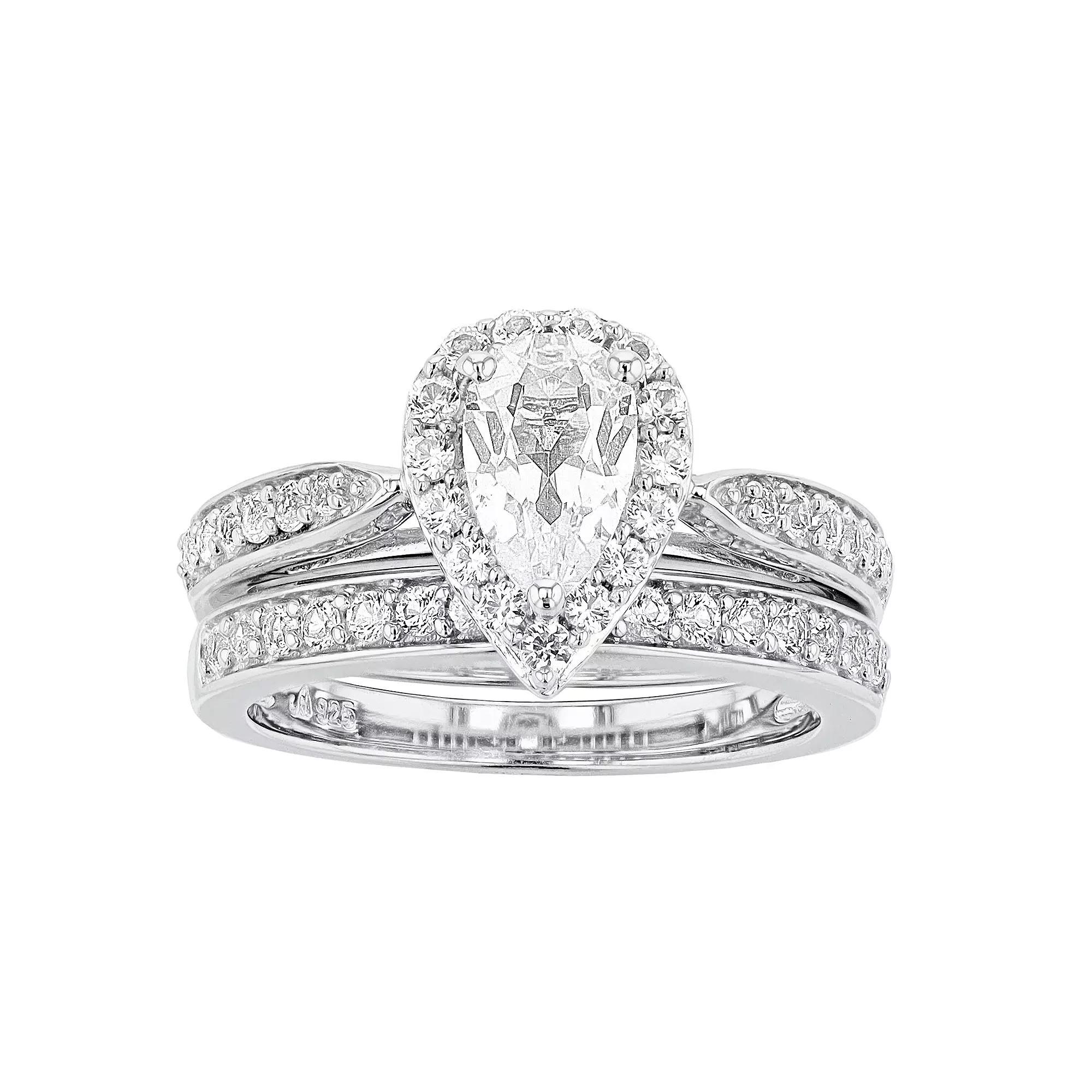Sterling Silver Lab-Created White Sapphire Teardrop Engagement Ring Set, Women's, Size: 7 Product Image