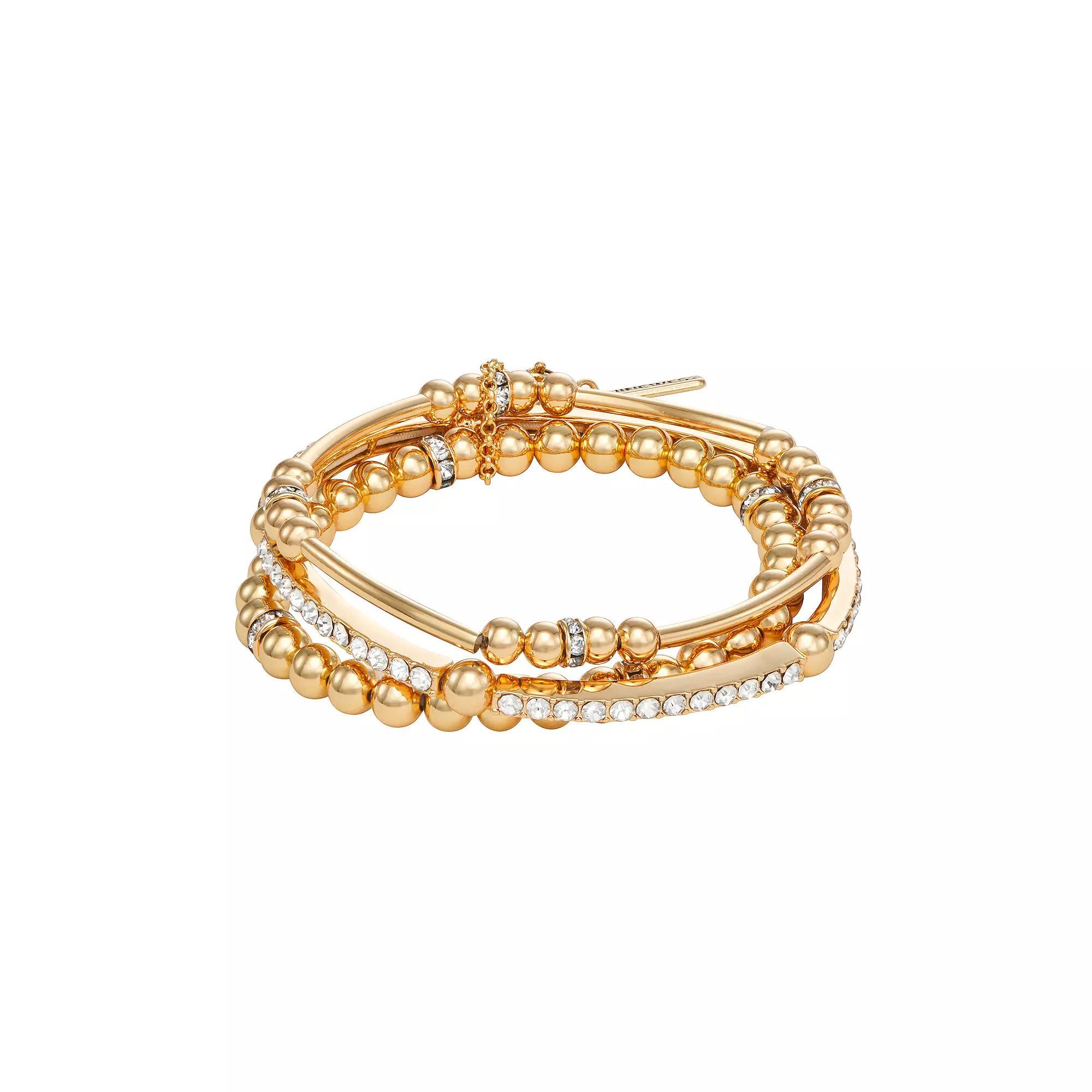 Nine West Gold Tone Crystal Beaded Stretch Bracelet 3-piece Set, Women's Product Image
