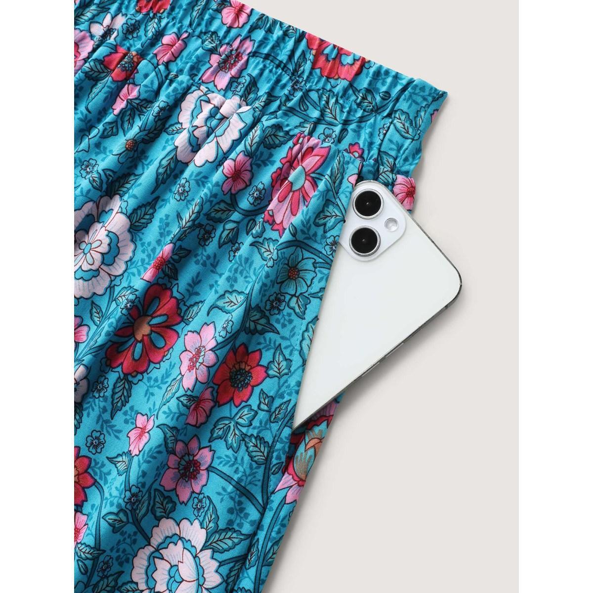 Plus Size Floral Fun Wide-Waist Maxi Skirt Women Cerulean Resort Patchwork Low stretch Slanted pocket Vacation Skirts BloomChic 26/4X Product Image
