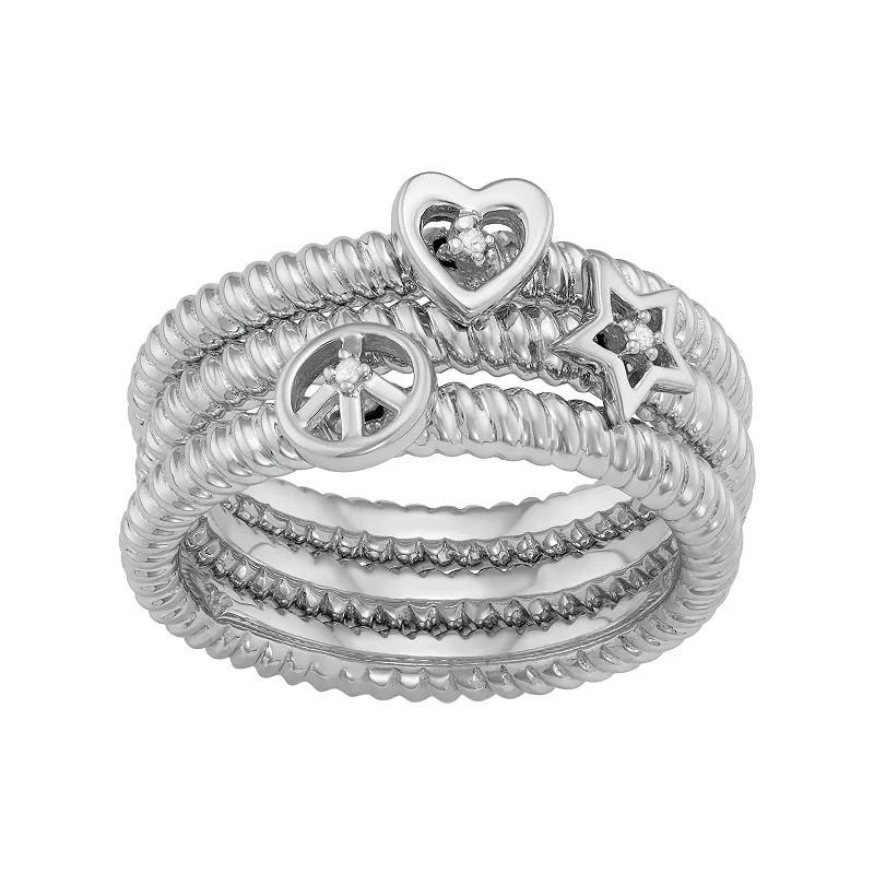 Jewelexcess Sterling Silver Diamond Accent Heart, Star & Peace Sign Stack Ring Set, Women's, Size: 6, Silver Tone Product Image