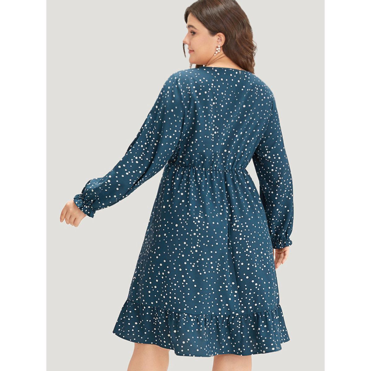 Plus Size Polka Dot Overlap Collar Flutter Trim Dress Aegean Women Elegant Elastic cuffs V-neck Long Sleeve Curvy Midi Dress BloomChic 18-20/2X Product Image