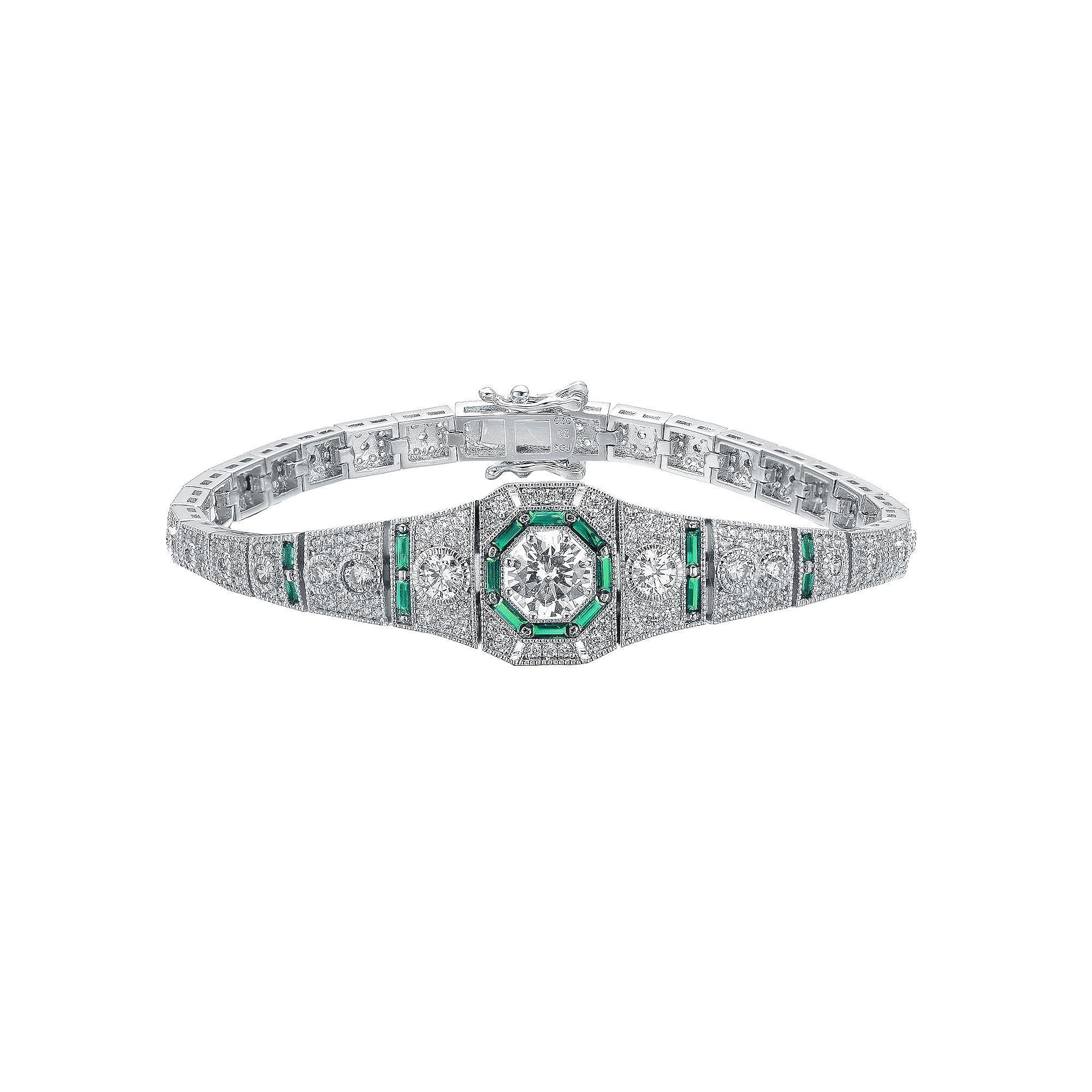 Sterling Silver Round & Green Baguette Cubic Zirconia Link Bracelet, Womens Product Image