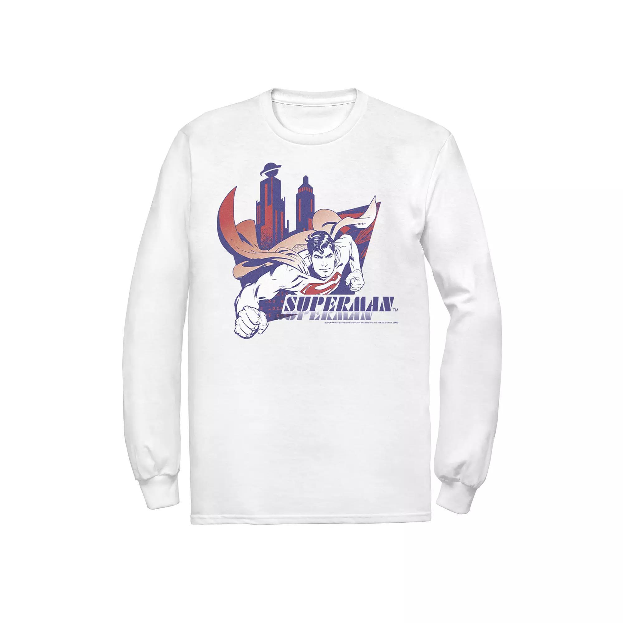Mens DC Comics Superman Daily Planet Skyline Flying Poster Long Sleeve Graphic Tee Product Image