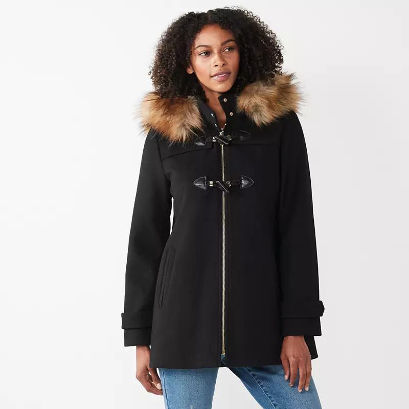 Women's Nine West Faux-Trim Hood Wool-Blend Toggle Coat, Size: XXL, Black Product Image