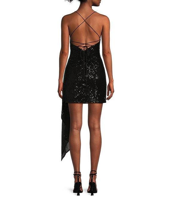GB Social Ruched Sequin Asymmetrical Hem Tie Back Mini Dress Product Image