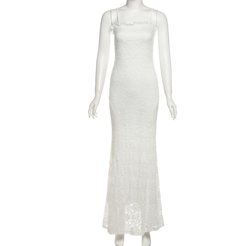 Spaghetti Strap Plain Frill Lace Maxi Sheath Dress Product Image