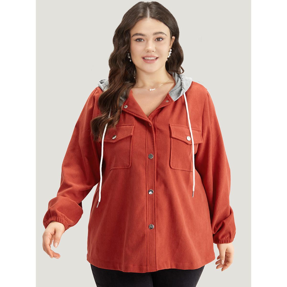 Plus Size Contrast Patchwork Button Through Hooded Drawstring Corduroy Coat Women OrangeRed Contrast Pocket Dailywear Jackets BloomChic 18-20/2X Product Image