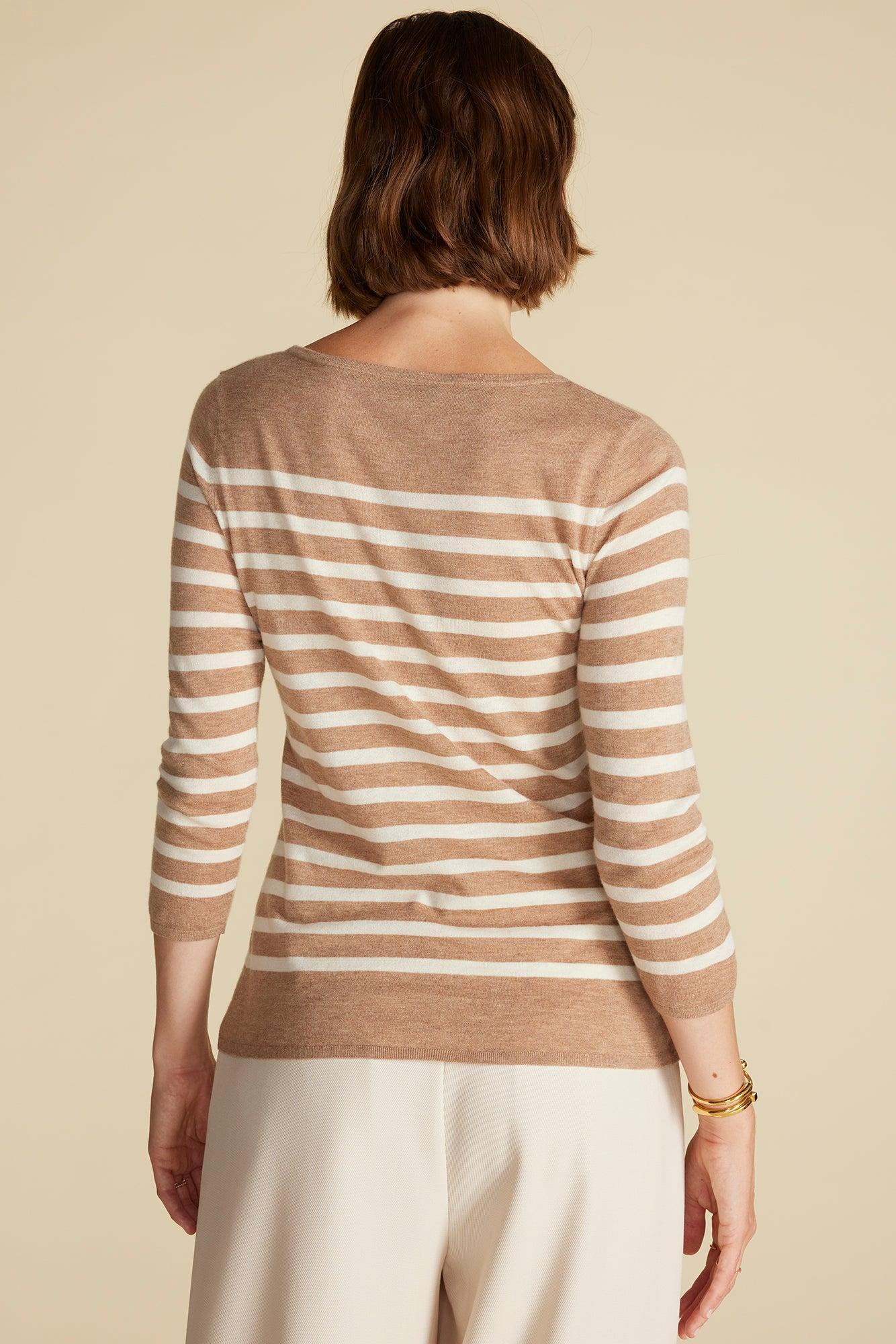 Fran Boatneck Striped Cashmere Sweater - Cafe Au Lait and Ivory Stripe Product Image