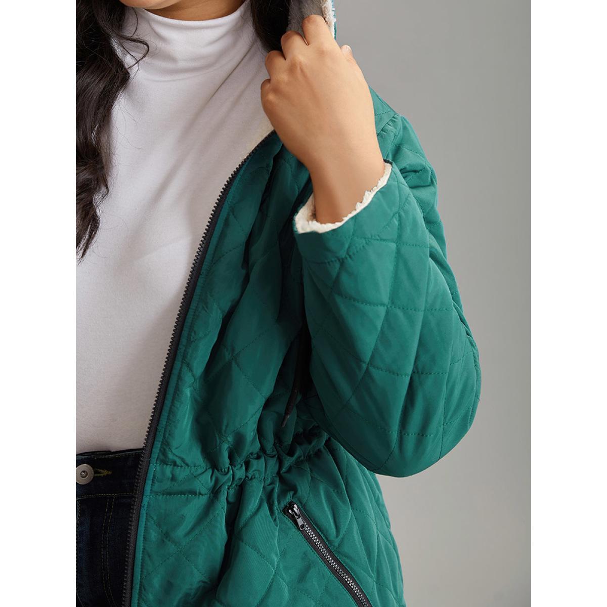 Plus Size Drawstring Quilted Zipper Fluffy Patchwork Jacket Women DarkGreen Texture Pocket Everyday Jackets BloomChic 26/4X Product Image