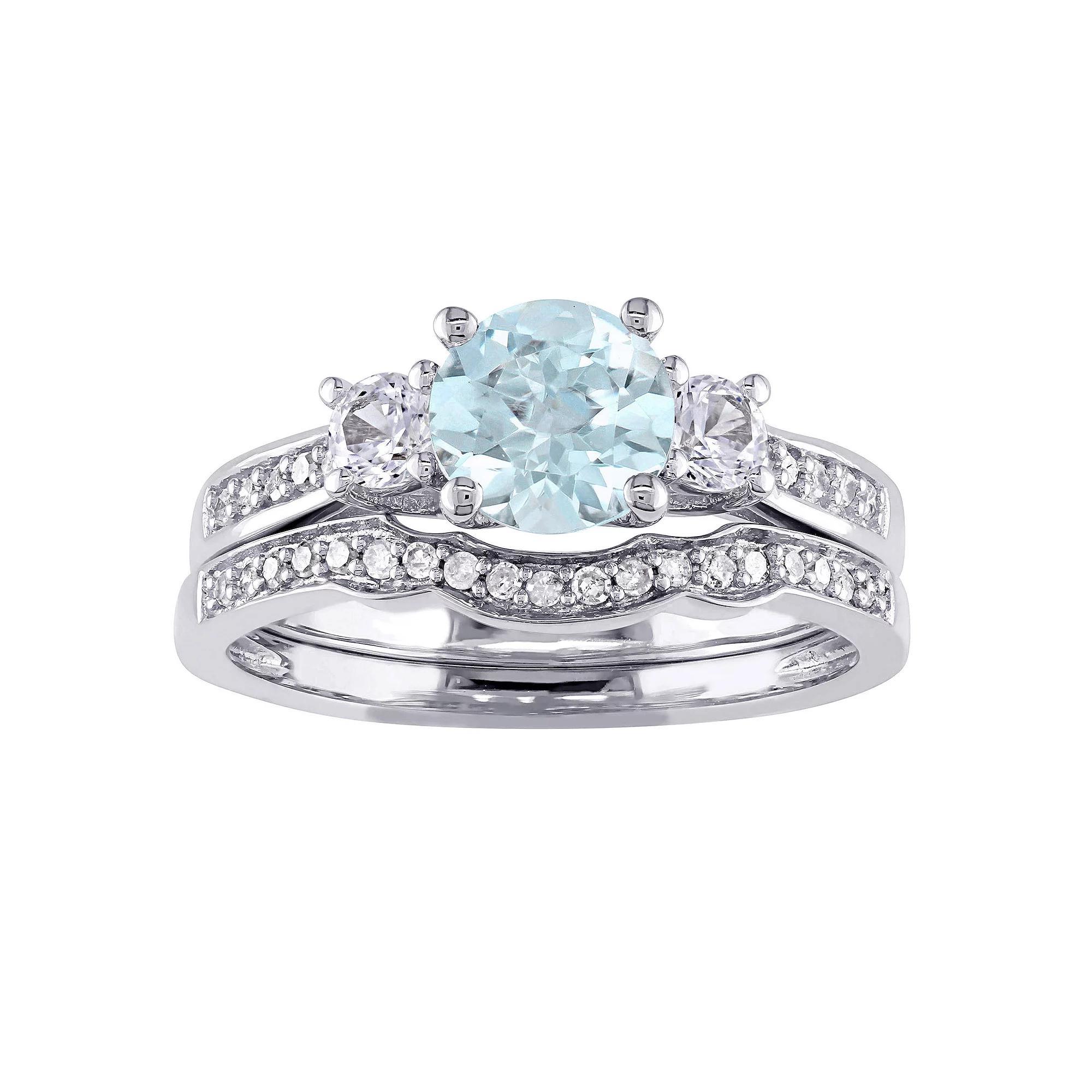 Stella Grace 10k White Gold Aquamarine, Lab-Created White Sapphire & 1/8 Carat T.W. Diamond Vintage Engagement Ring Set, Women's, Size: 5 Product Image