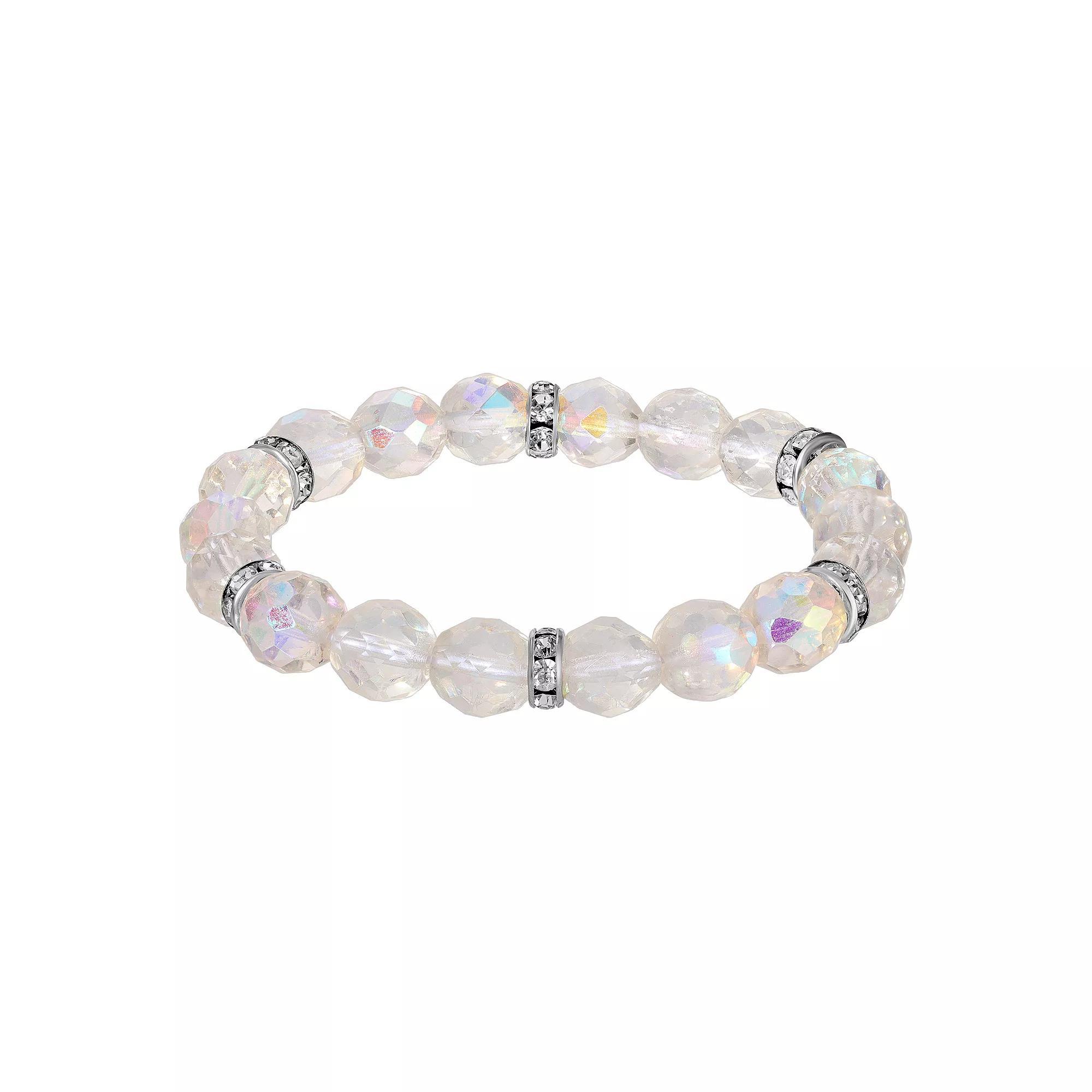 1928 Silver Tone Crystal Bead Stretch Bracelet, Womens, White Product Image