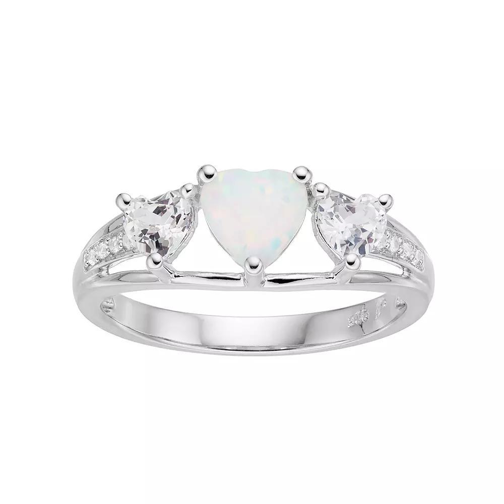 Sterling Silver Lab-Created Opal & White Sapphire Triple Heart Ring, Women's, Size: 8 Product Image