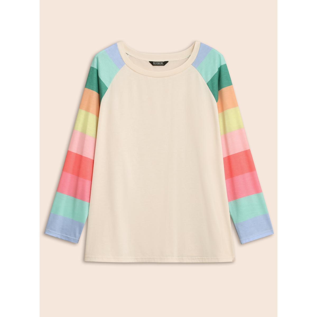 Plus Size Multi-color Striped Sleeves Loose Fit T-shirt Beige Women Casual Contrast Round Neck Everyday T-shirts BloomChic 18-20/2X Product Image