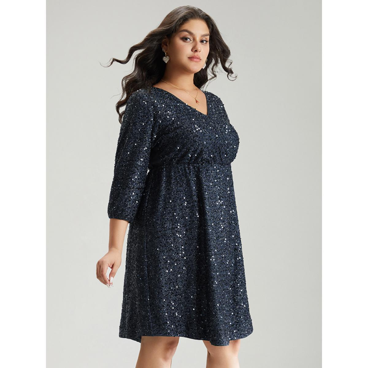 Plus Size Sequin Overlap Collar Elastic Waist Knee Dress DarkBlue Women Cocktail Wrap Overlap Collar Elbow-length sleeve Curvy Knee Dress BloomChic 14-16/1X Product Image