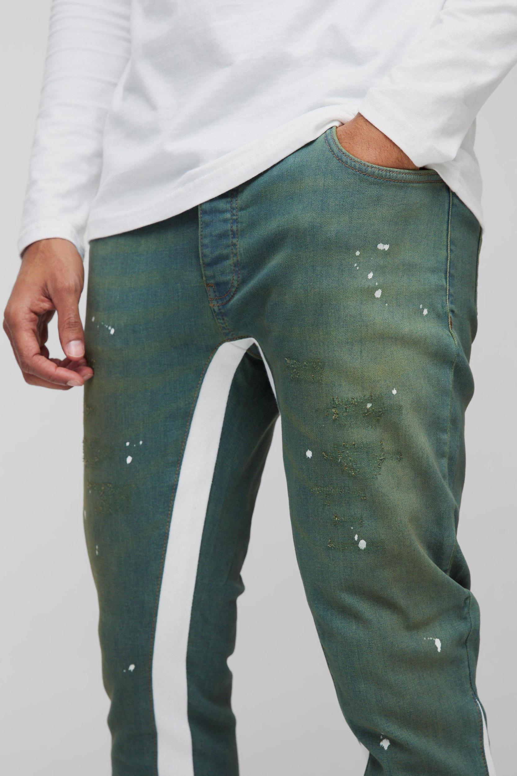 Skinny Stretch Ripped Paint Splat Gusset Jeans | boohooMAN USA Product Image
