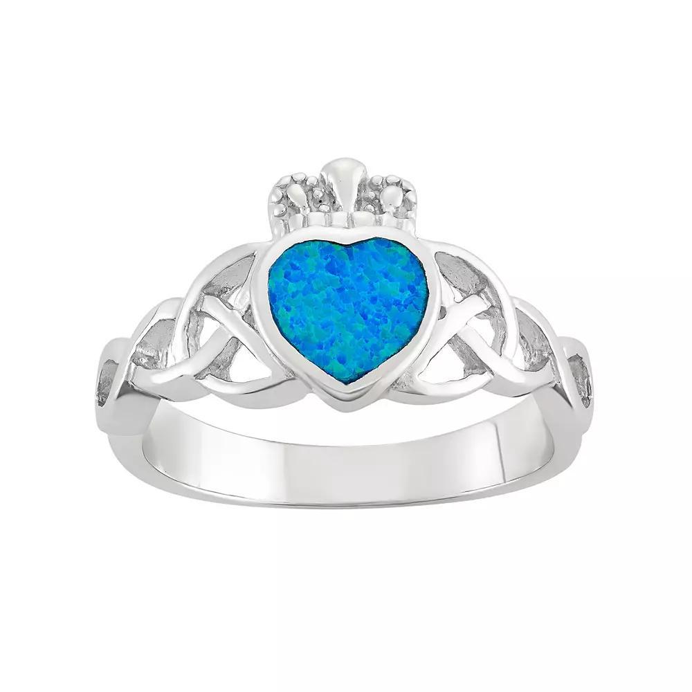Lab-Created Blue Opal Sterling Silver Claddagh Ring, Women's, Size: 9 Product Image