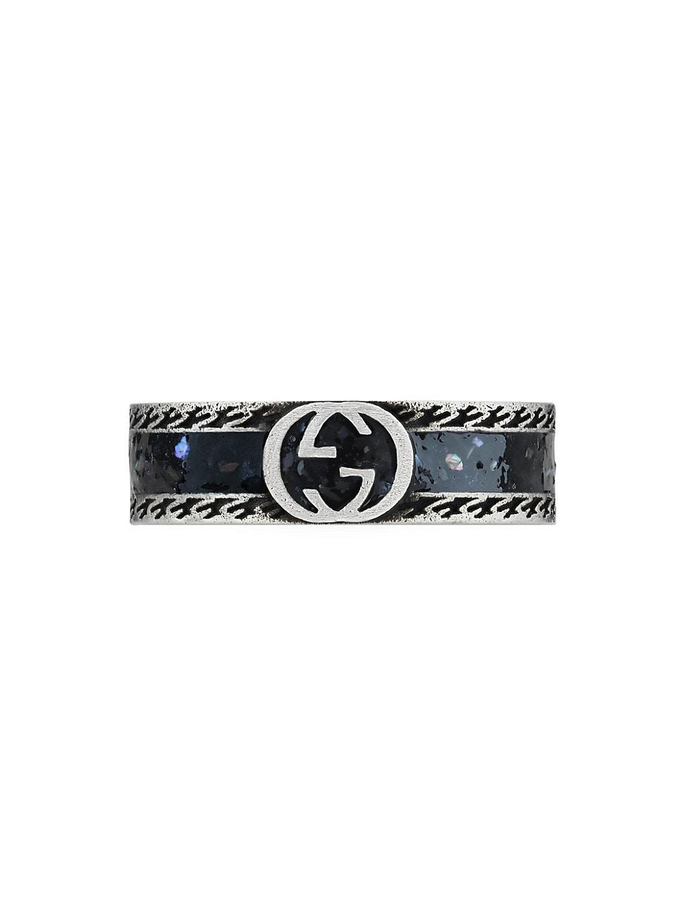 Mens Interlocking G Silver & Enamel Band Ring Product Image