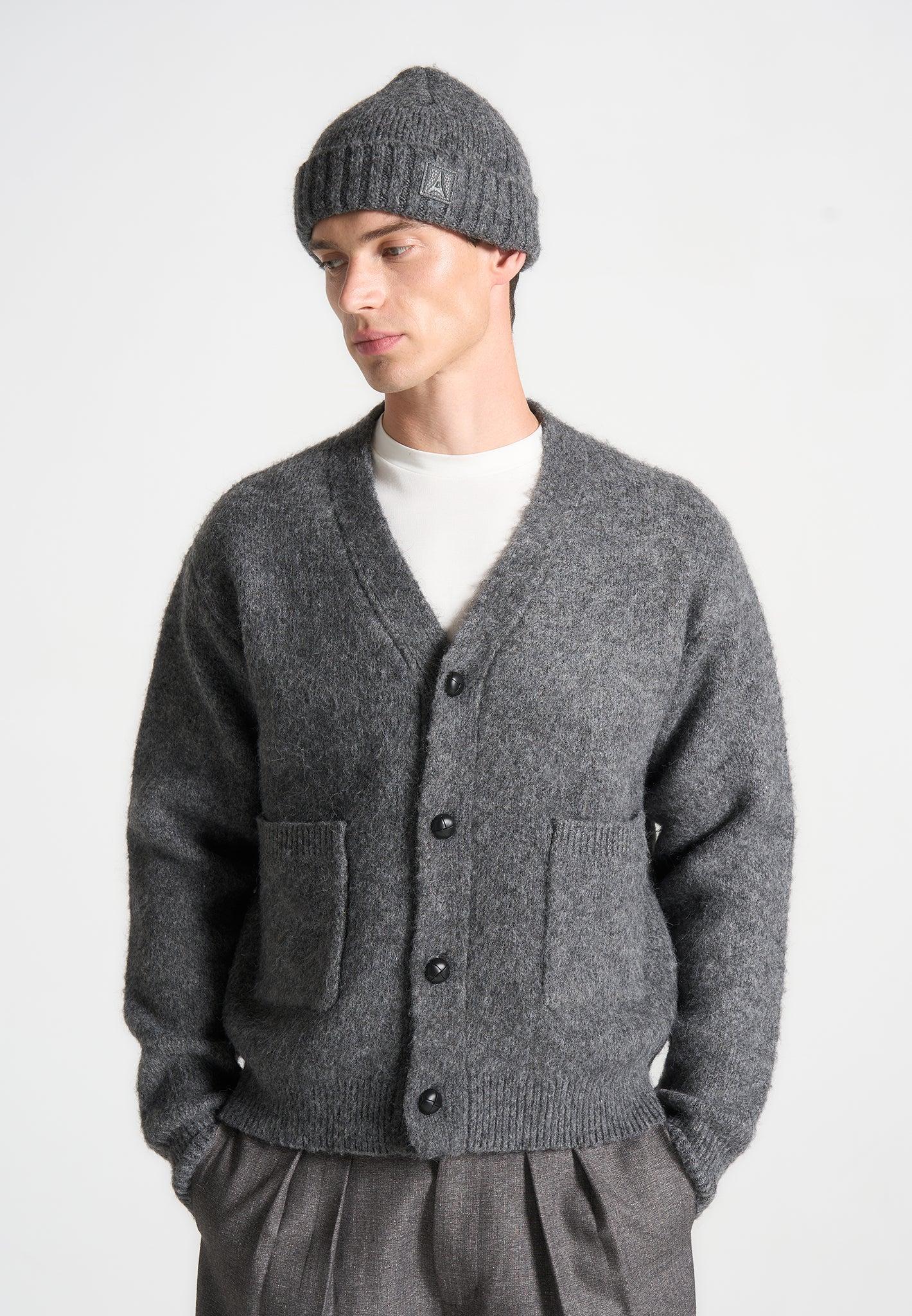 Brushed Wool Knit Cardigan - Grey Male Product Image