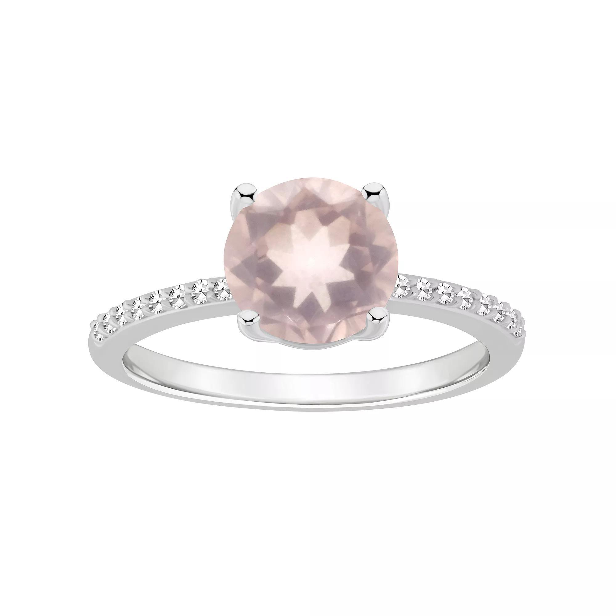 Alyson Layne Sterling Silver 8 mm Round Gemstone & 1/10 Carat T.W. Diamond Ring, Women's, Pink Quartz Product Image
