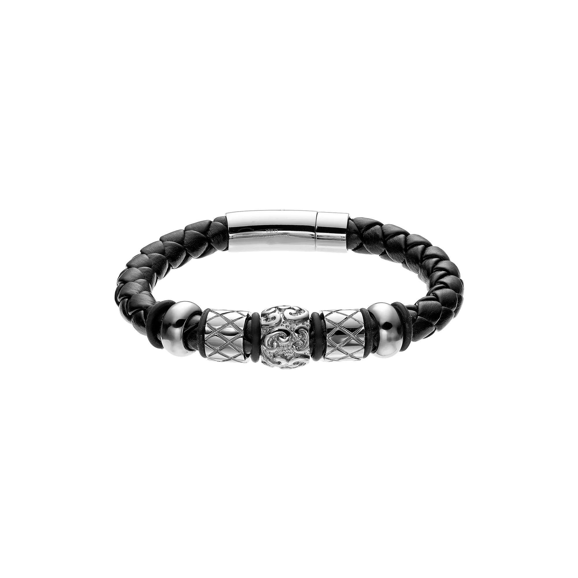 Stainless Steel and Leather Bead Bracelet - Men, Men's, Size: 8.5", Black Product Image