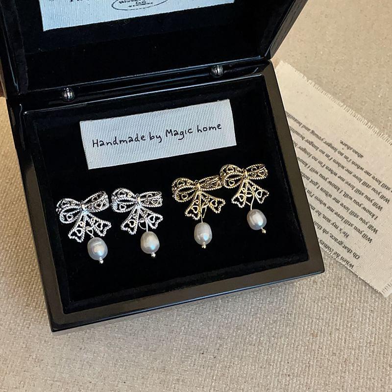 925 Sterling Silver Bow Faux Pearl Drop Earring Product Image