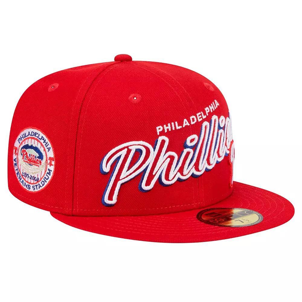 Men's New Era Red Philadelphia Phillies Script Sided 59FIFTY Fitted Hat, Size: 7 1/8 Product Image