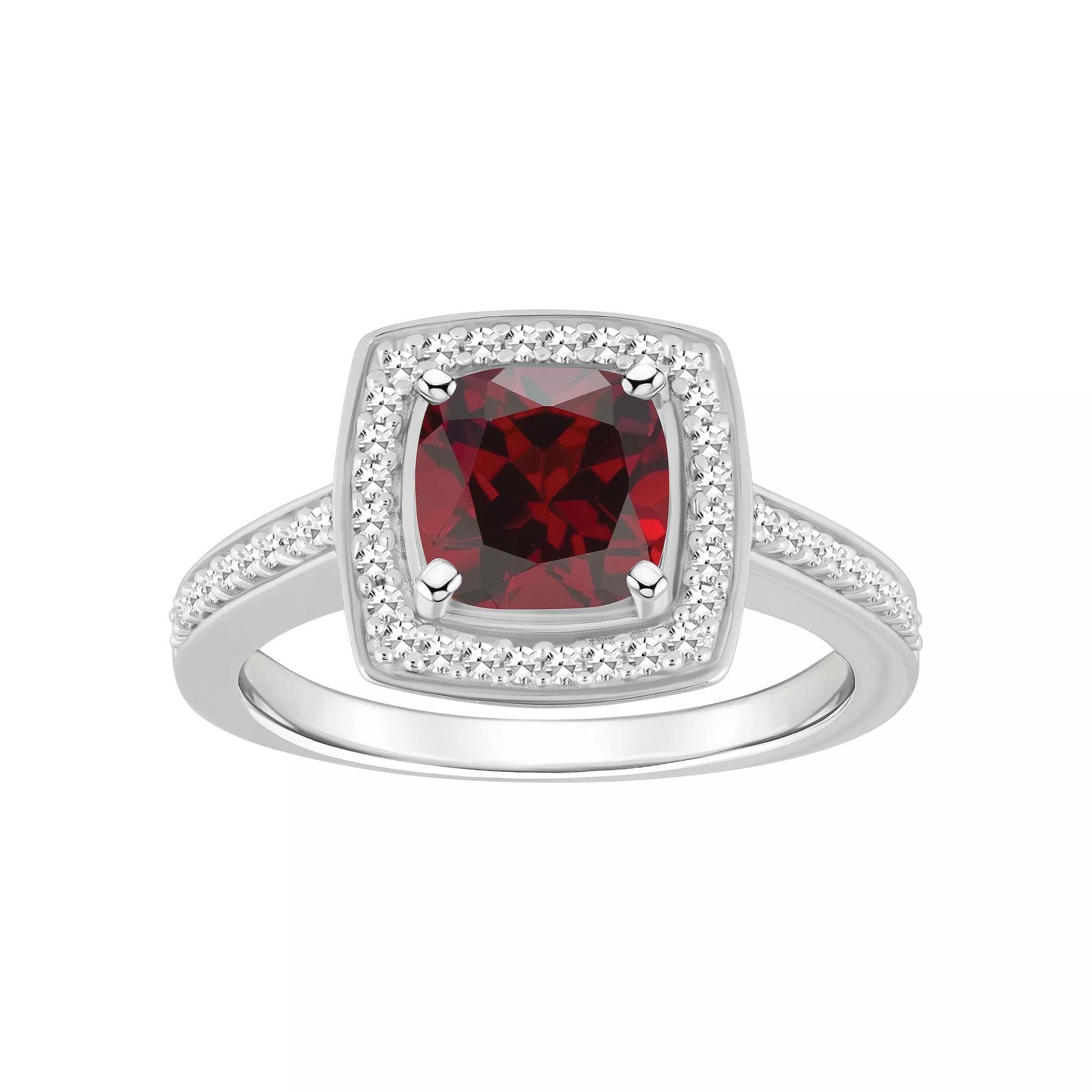 Celebration Gems Sterling Silver 7 mm Cushion Gemstone & 1/4 Carat T.W. Diamond Halo Ring, Women's, Size: 6, Red Product Image