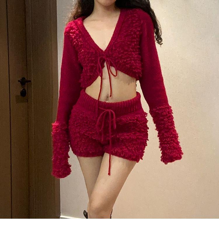 V-Neck Plain Cropped Cardigan / Drawstring Waist Knit Hot Pants Product Image