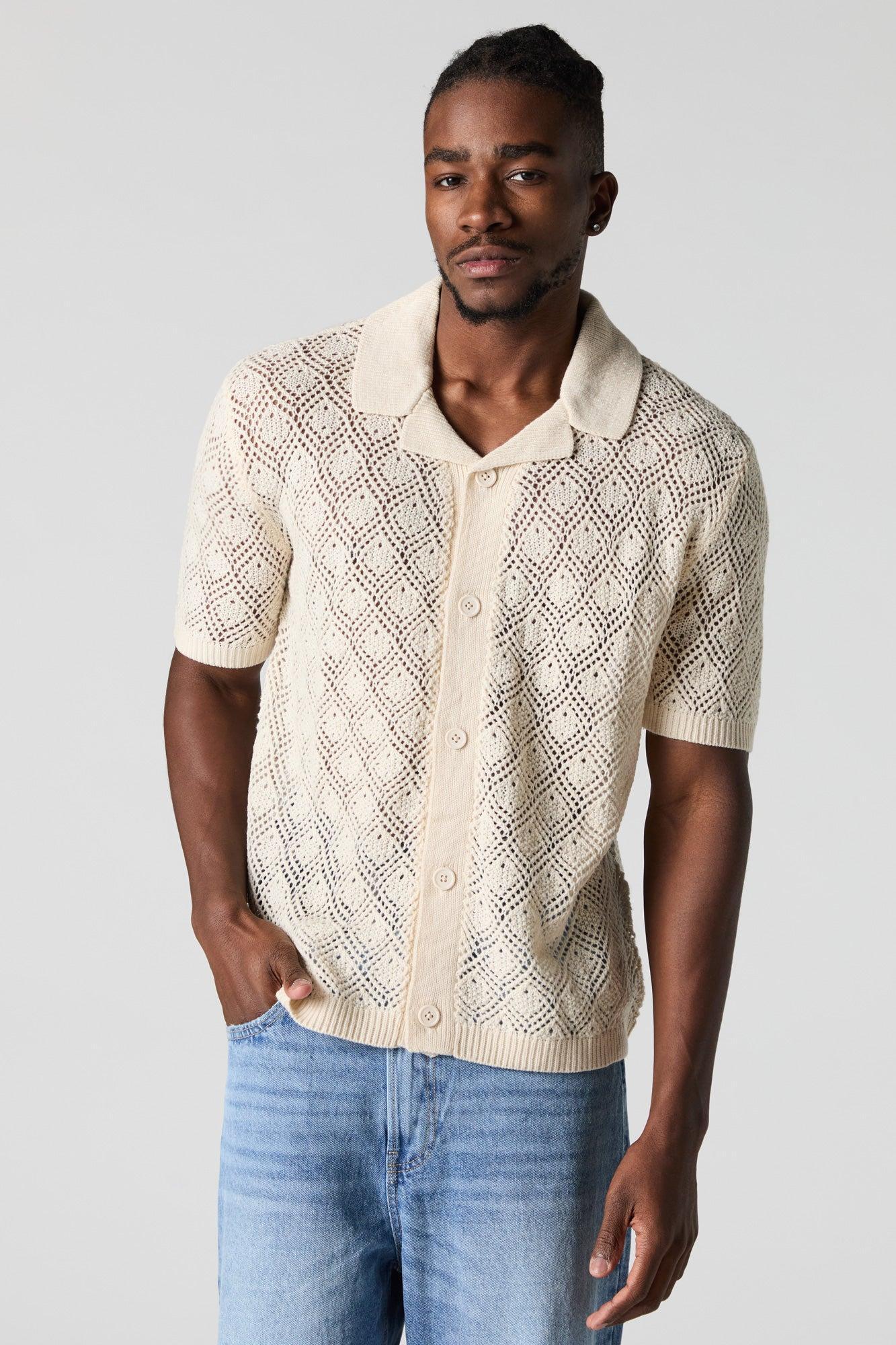 Crochet Knit Button-Up Top Male Product Image