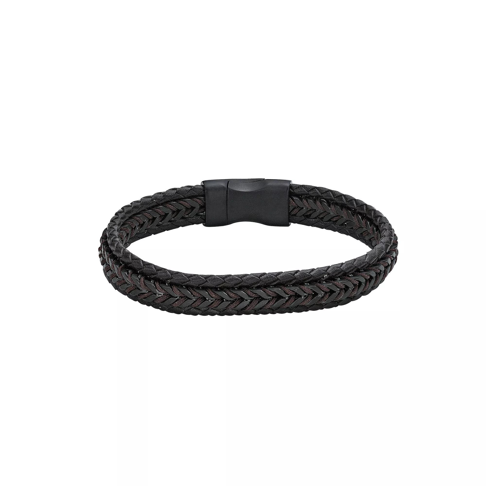 LYNX Men's Stainless Steel & Brown Leather Cord Bracelet, Size: 8.50, Black Product Image