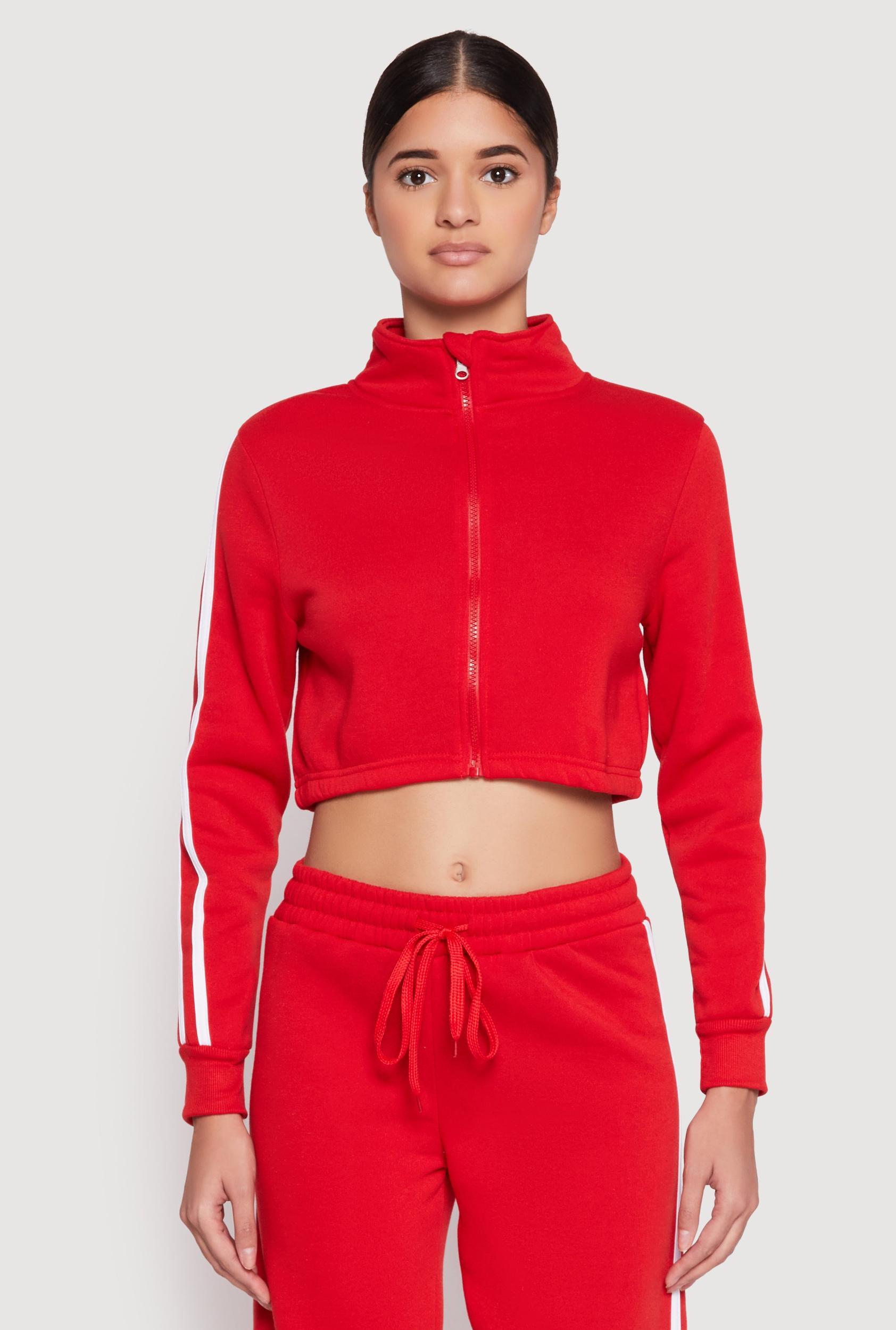 Womens Varsity Stripe Zip Front Cropped Sweatshirt Product Image