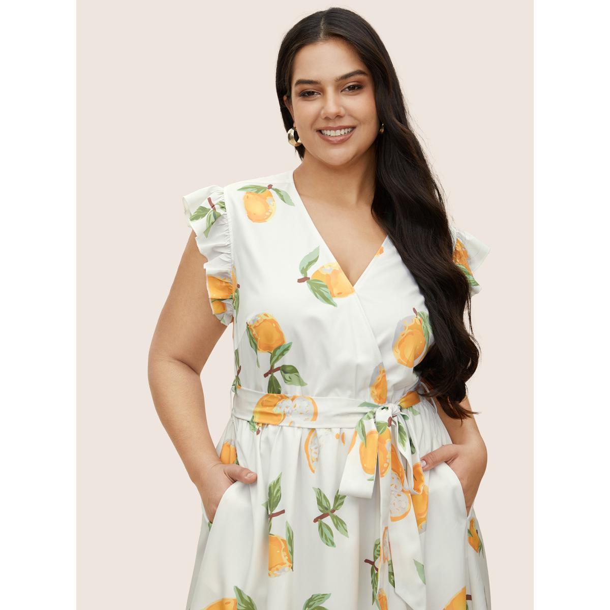 Plus Size Citrus Lemon Print Ruffles Patchwork Belted Dress White Women Elegant Overlapping Overlap Collar Cap Sleeve Curvy BloomChic 28/5X Product Image