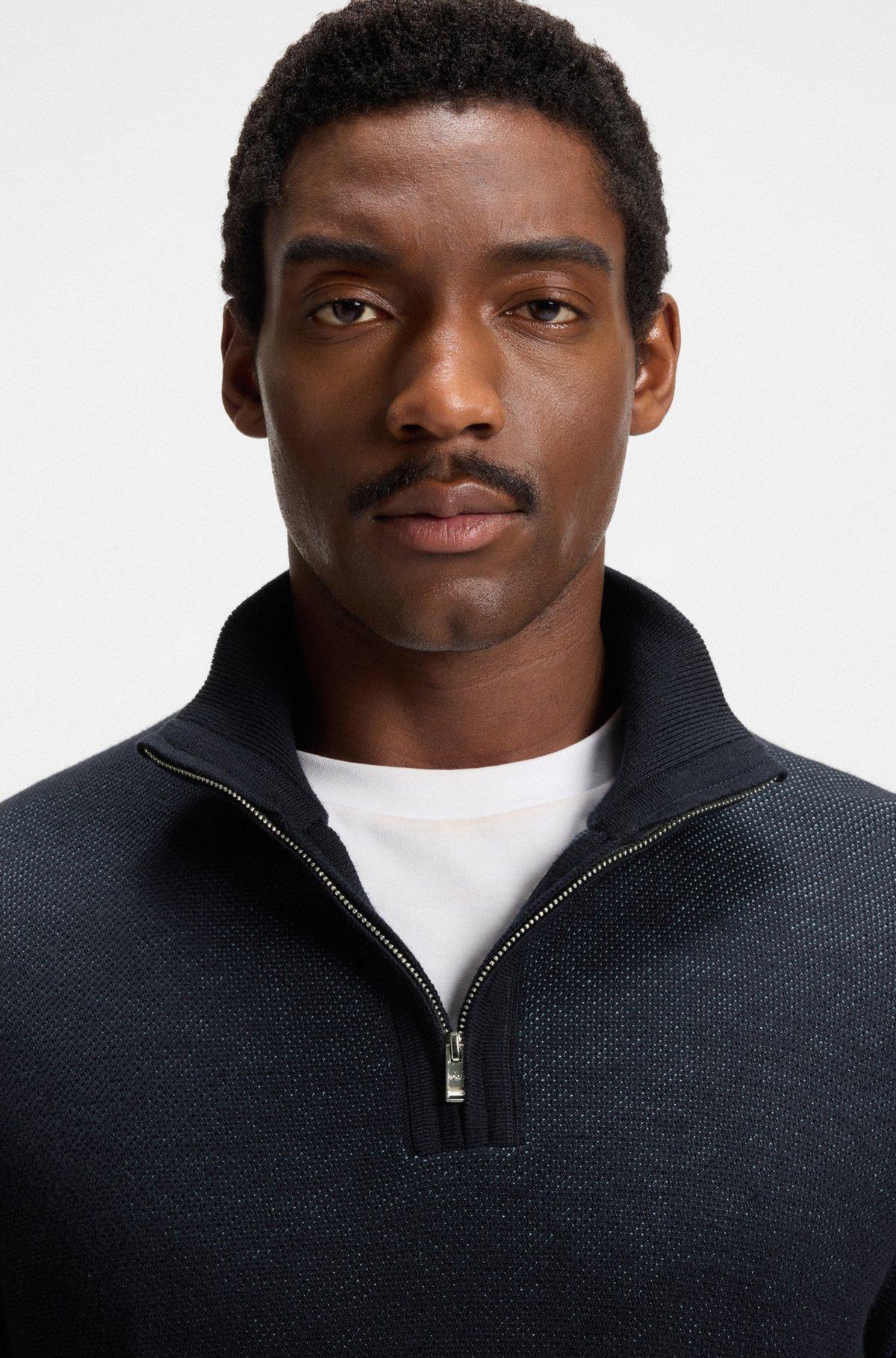 BOSS - Zip-neck sweater with structured wool-cotton front - Dark Blue Product Image