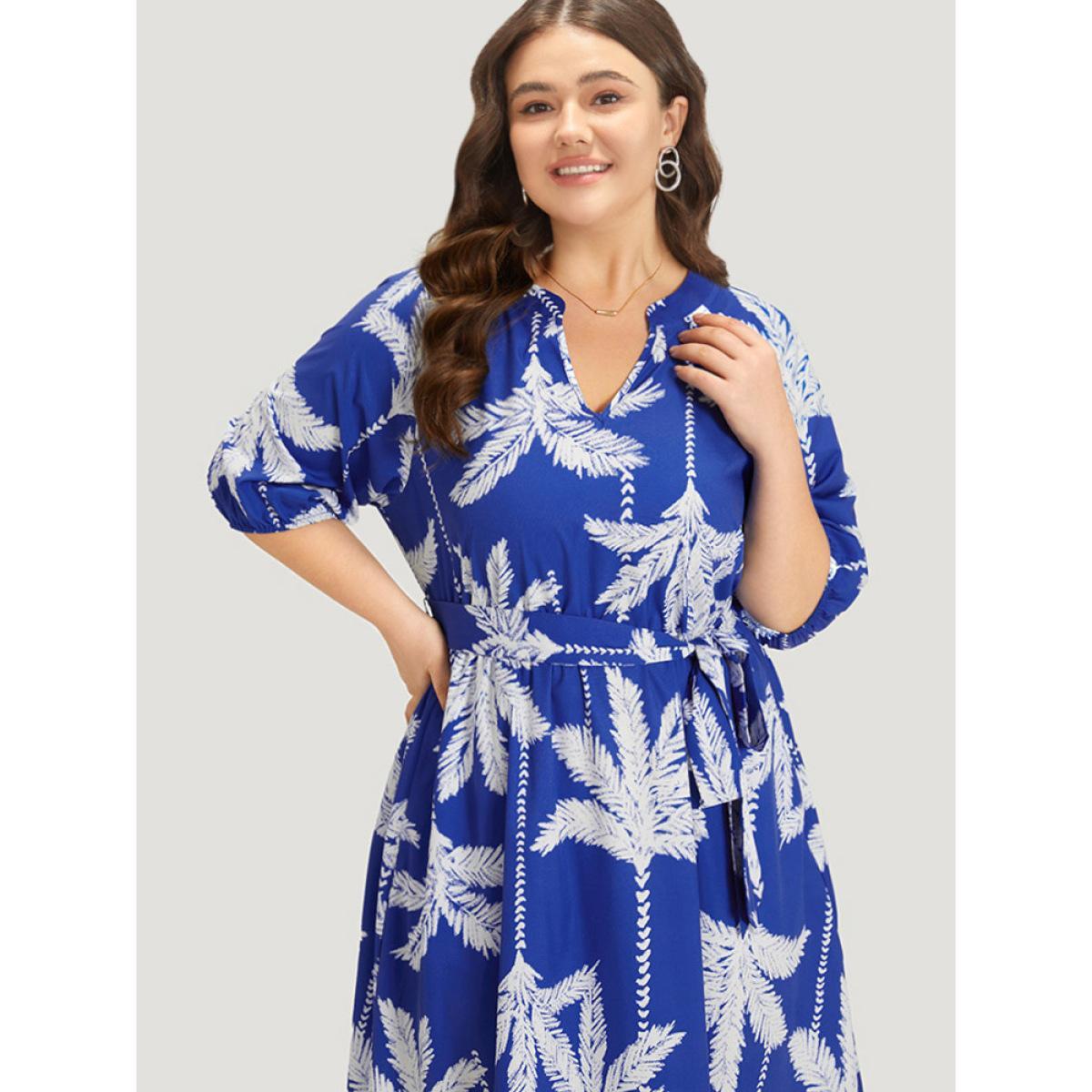 Plus Size Plants Print Notched Pocket Elastic Cuffs Dress Blue Women Vacation Elastic cuffs Notched collar Half Sleeve Curvy Midi Dress BloomChic 14-16/1X Product Image