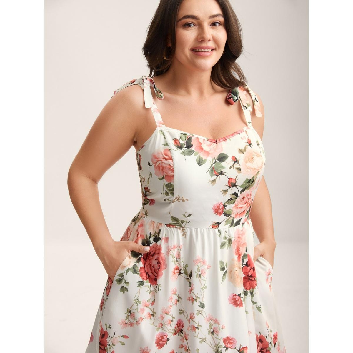 Plus Size Rosy Print Bow Strap Pockets Midi Dress Originalwhite Women Non Sleeveless Curvy BloomChic 18-20/2X Product Image